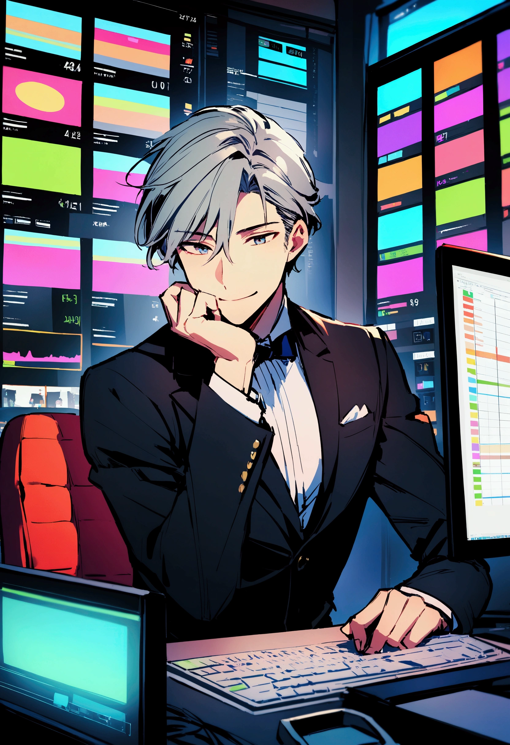 A man trading while looking at an FX chart in front of a computer smiles because of his superiority and control of the situation