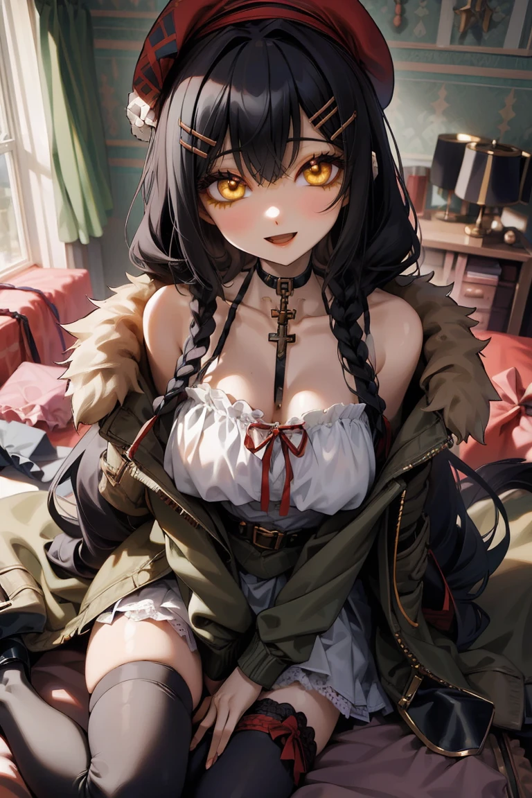 (masterpiece:1.2), (high quality:1.2), girls with((1girl, solo, black hair, yellow eyes, smiling, (wavy long hair, wearing a red beret, hairclips, braids:1.45), bare shoulder, blush, breasts, choker, cleavage, coat, cowboy shot, navy lace dress, camisole, ribbon waist belt, black ribbon belt, red bow, red ribbon, neck ribbon, collar, collarbone, rosary, rosary choker, cross, fur, fur trim, parka, khaki hoodie, green hoodie, khaki jacket, hood down, hooded coat, hooded jacket, hoodie, jacket, large breasts, long sleeves, medium breasts, open clothes, open coat,open hoodie, sleeveless, winter clothes, zipper, cleavage, upper body, hand up, waving, palm, white thighhighs, single thighhigh, exposed legs, exposed foots, left thighhigh, solo, legs, high heels, sittings)), background with((bedroom, room:2.0))