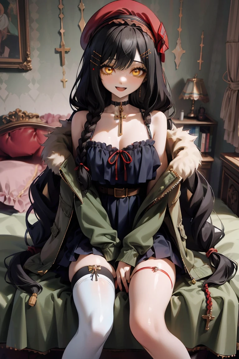 (masterpiece:1.2), (high quality:1.2), girls with((1girl, solo, black hair, yellow eyes, smiling, (wavy long hair, wearing a red beret, hairclips, braids:1.45), bare shoulder, blush, breasts, choker, cleavage, coat, cowboy shot, navy lace dress, camisole, ribbon waist belt, black ribbon belt, red bow, red ribbon, neck ribbon, collar, collarbone, rosary, rosary choker, cross, fur, fur trim, parka, khaki hoodie, green hoodie, khaki jacket, hood down, hooded coat, hooded jacket, hoodie, jacket, large breasts, long sleeves, medium breasts, open clothes, open coat,open hoodie, sleeveless, winter clothes, zipper, cleavage, upper body, hand up, waving, palm, white thighhighs, single thighhigh, exposed legs, exposed foots, left thighhigh, solo, legs, high heels, sittings)), background with((bedroom, room:2.0))