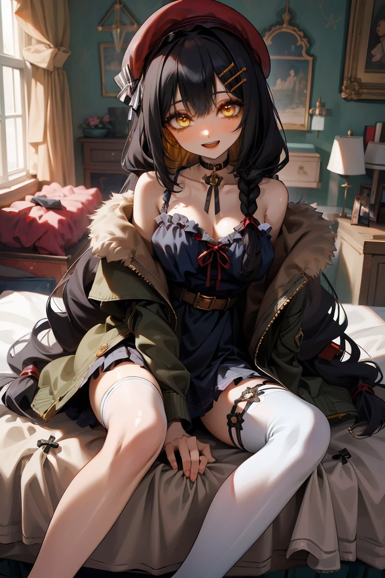 (masterpiece:1.2), (high quality:1.2), girls with((1girl, solo, black hair, yellow eyes, smiling, (wavy long hair, wearing a red beret, hairclips, braids:1.45), bare shoulder, blush, breasts, choker, cleavage, coat, cowboy shot, navy lace dress, camisole, ribbon waist belt, black ribbon belt, red bow, red ribbon, neck ribbon, collar, collarbone, rosary, rosary choker, cross, fur, fur trim, parka, khaki hoodie, green hoodie, khaki jacket, hood down, hooded coat, hooded jacket, hoodie, jacket, large breasts, long sleeves, medium breasts, open clothes, open coat,open hoodie, sleeveless, winter clothes, zipper, cleavage, upper body, hand up, waving, palm, white thighhighs, single thighhigh, exposed legs, exposed foots, left thighhigh, solo, legs, high heels, sittings)), background with((bedroom, room:2.0))