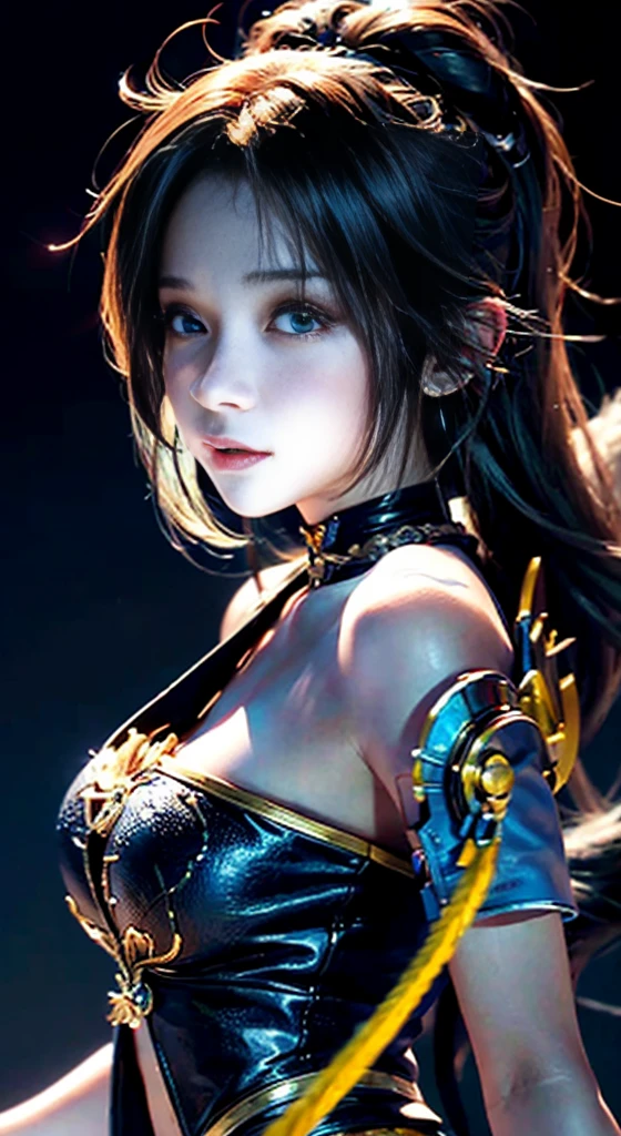 4K,masterpiece, High resolution, Super detailed), 1 female, 28 years old, Yuna from Final Fantasy X2, Looks more mature, ((Simple Background)), Simple dark background, ((Nothing in the background)), Surreal, Yuna's Final Fantasy Costume, Yuna from Final Fantasy X2のオリジナルコスチュームデザイン, (((https://www.Creative Uncut.and/Gallery-01/ff10-2-Yuna 2.html))), Tattered, revealing denim shorts, Features of asymmetrical clothing, Belt on the left hip, Best clothing simulation, Without collar, 1 Female, Windy nights, Yuna's Bob Hairstyles, Big Breasts, chestの谷間, middle_chest, Thick body, smile, Sleeves don't hang down, Close-up shot, Front shot, zoomed in shots, Head to waist image scope, closed-mouth smile, Head to waist, Character looks at the camera, I'm watching you, Yuna FFX, Blue beaded earrings
