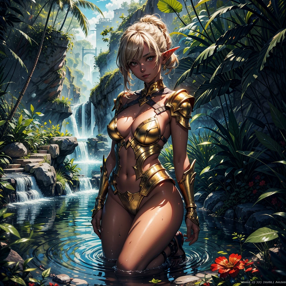 (cbzbb:1.25),(bikini with palm time print), legs open beautiful and sensual breasts sweat crotch wet hair touched, seductive angles,blonde woman, waterfall in the background,green and white,right arms and legs, right position, mecha surveillance, intricate details, centralized,biomechanical eye,sexy
