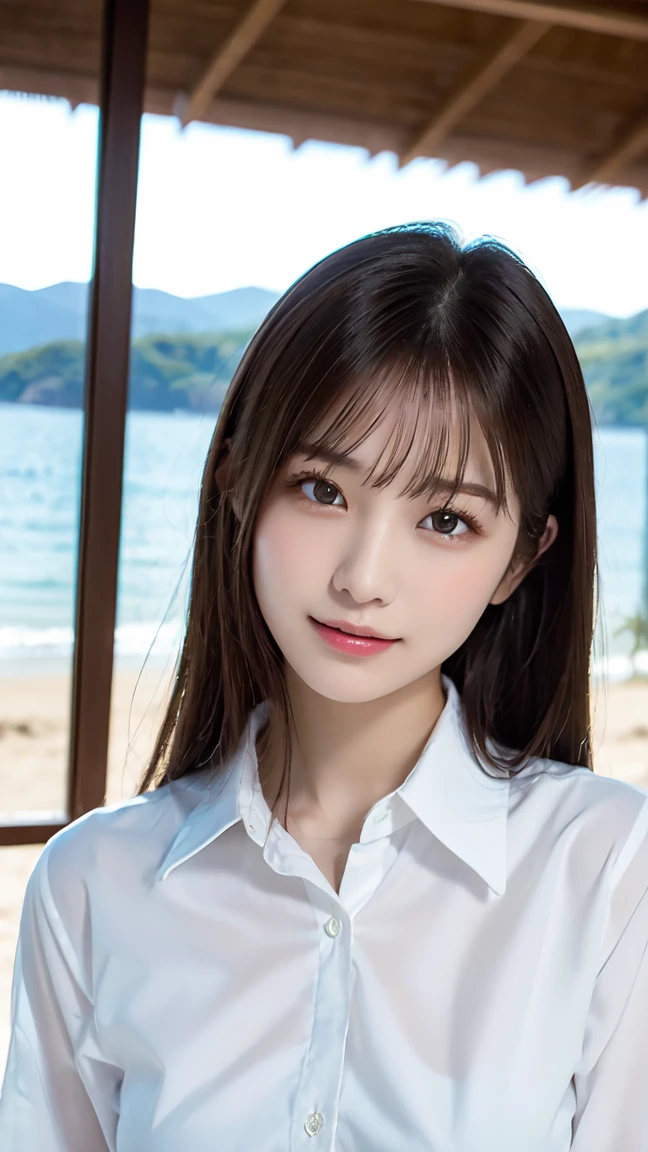 Oversized white collared shirt、Naked except for the shirt、Full Body Shot、Complex and beautiful eyes、woman、womanらしい髪型、Natural color lip、Big Breasts、valley、Bold and sexy pose、smile、Ocean、((18歳woman:1.2))、Young and adorable Japanese face, Official Art，非常に精細なCG Unity 8k壁紙, (masterpiece:1.0),(Highest quality:1.0), photo shoot, 8k, Browsing Caution, High resolution, Kodak Portrait 400, Film Grain, Lens Flare Glow,View Audience