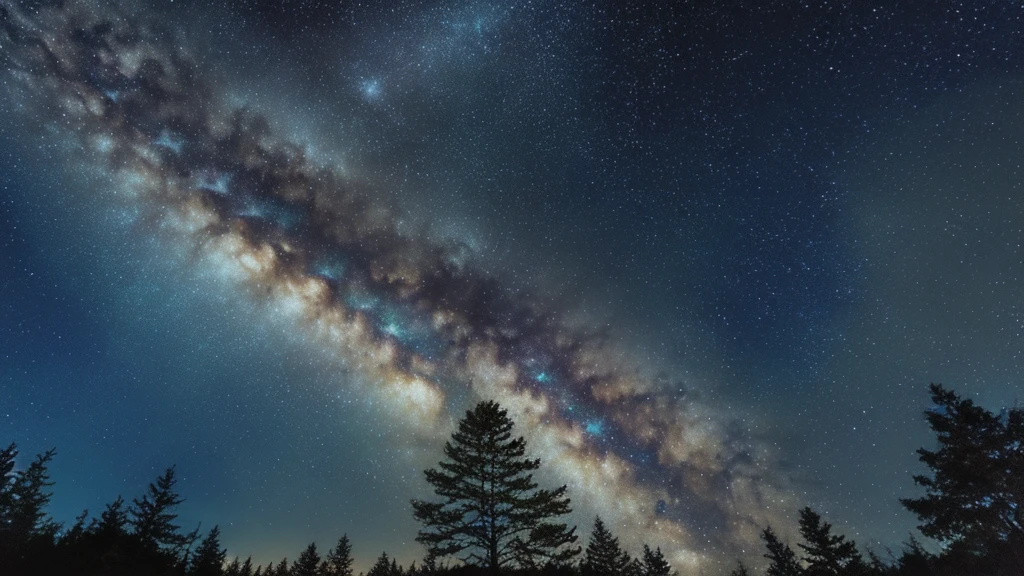 Starry sky with some stars and some trees, Milky Way in the sky, There is a Milky Way in the sky, In the clear, majestic night sky, Starry sky in the background, Milk is high up in the sky, Galaxy in the night sky, Starry Night, In the clear night sky, Star-studded sky, Milky Way Light