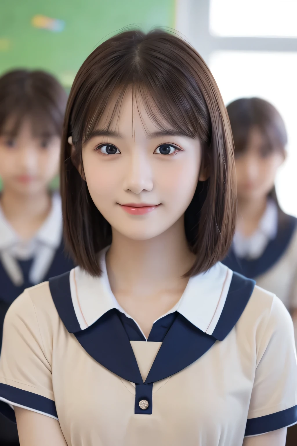 (Beautiful girl talking to a friend:1.4), , (Highest quality:1.4), (Very detailed), (Very detailed美しい顔), Short sleeve, (school uniform:1.5), Great face and eyes, iris, Medium Bob Hair, (Skinny body type:1.3), (Flat Chest:1.3), smile, Open your mouth, (A few classmates behind me:1.4), Smooth, Very detailed CG synthesis 8k wallpaper, High-resolution RAW color photos, Professional photography, Light, BackLight, dream-like, impressive, Written boundary depth, (Face close-up:1.4), (Shoot from the front:1.3), BREAK(School classroom:1.3), Dutch and Japanese beauty
