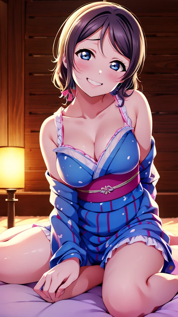 Erotic、Love Live Watanabe You、An open navy blue yukata、Sequins、Japanese-style bedroom with dim light、Evil female executive、lure、excited、Sexy smile、Tight style