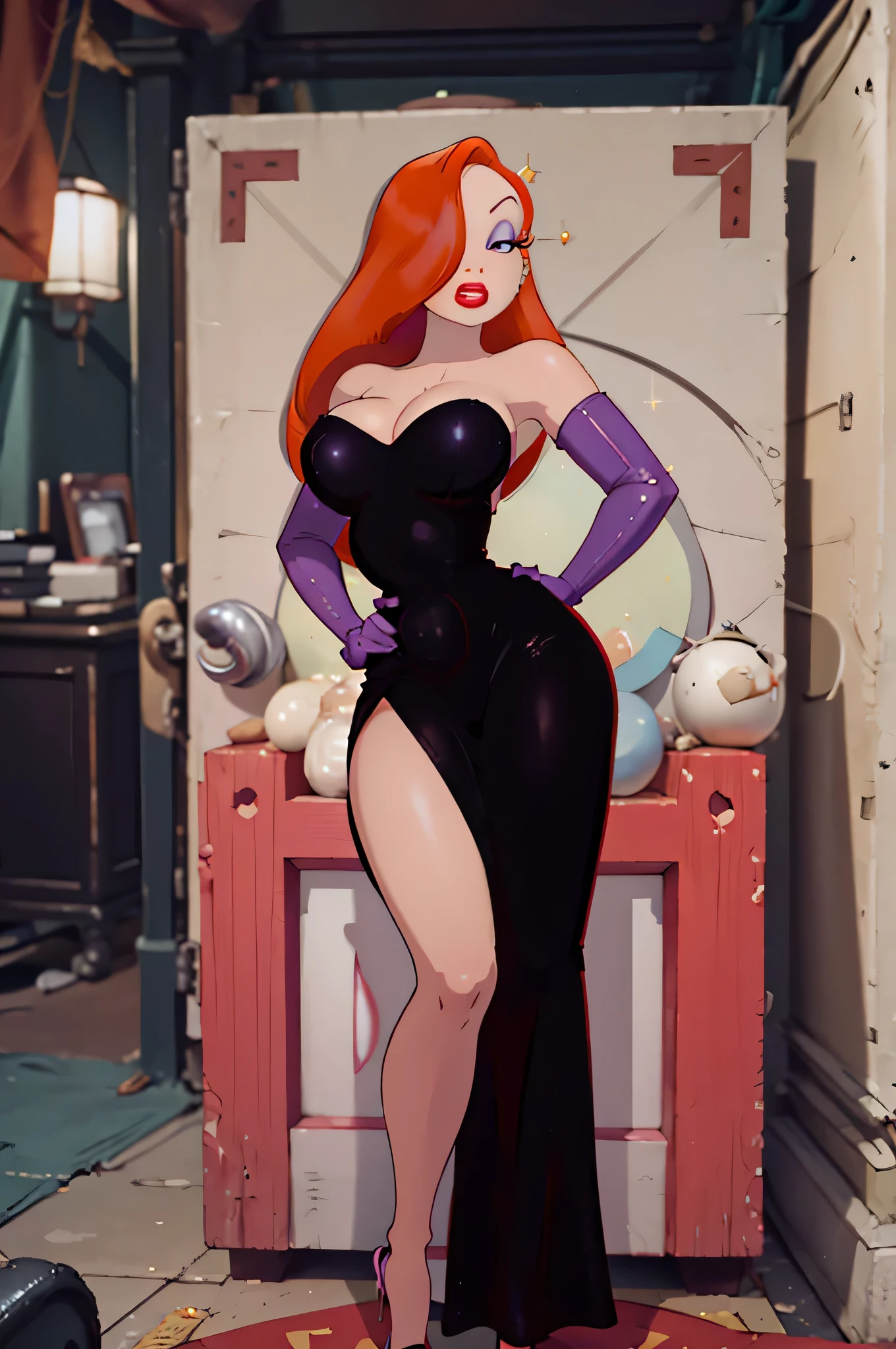 high quality,ultra quality 8k, ultra 4k,masterpiece, Orange hair, a tall woman, by the wide , One eye is hidden by hair, dark purple eyeshadow , Red lipstick, Detailed photos, beauty, attractive body, perfect anatomy of the human body, Jessica rabbit, correct anatomy Bodysuits, Bright red long dress, Dresses with slits up to the waist, Sparkly red sequin dress, Perfect facial balance, long eyelashes, sexy eyebrows, side glance, wide shoulders, Proudly stand up straight, big breasts hands on waist, Soft and sexy look, The background is a black and white movie set.