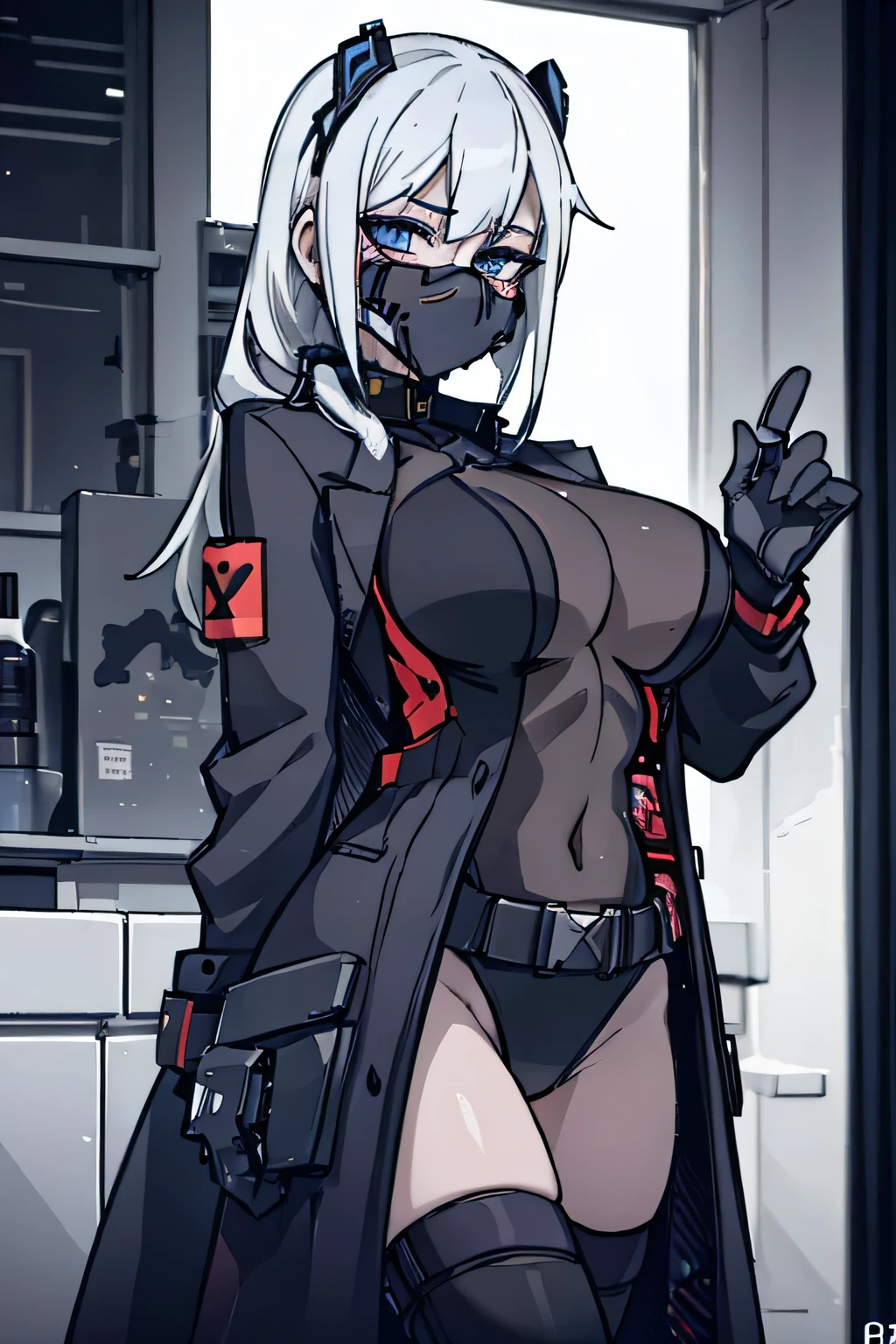 a beautiful cyberpunk girl with large breasts wearing a latex leotard, silver hair, gas mask, blue eyes, black long coat, detailed face, sexy pose, sci-fi, elegant, (best quality,4k,8k,highres,masterpiece:1.2),ultra-detailed,(realistic,photorealistic,photo-realistic:1.37),HDR,UHD,studio lighting,ultra-fine painting,sharp focus,physically-based rendering,extreme detail description,professional,vivid colors,bokeh