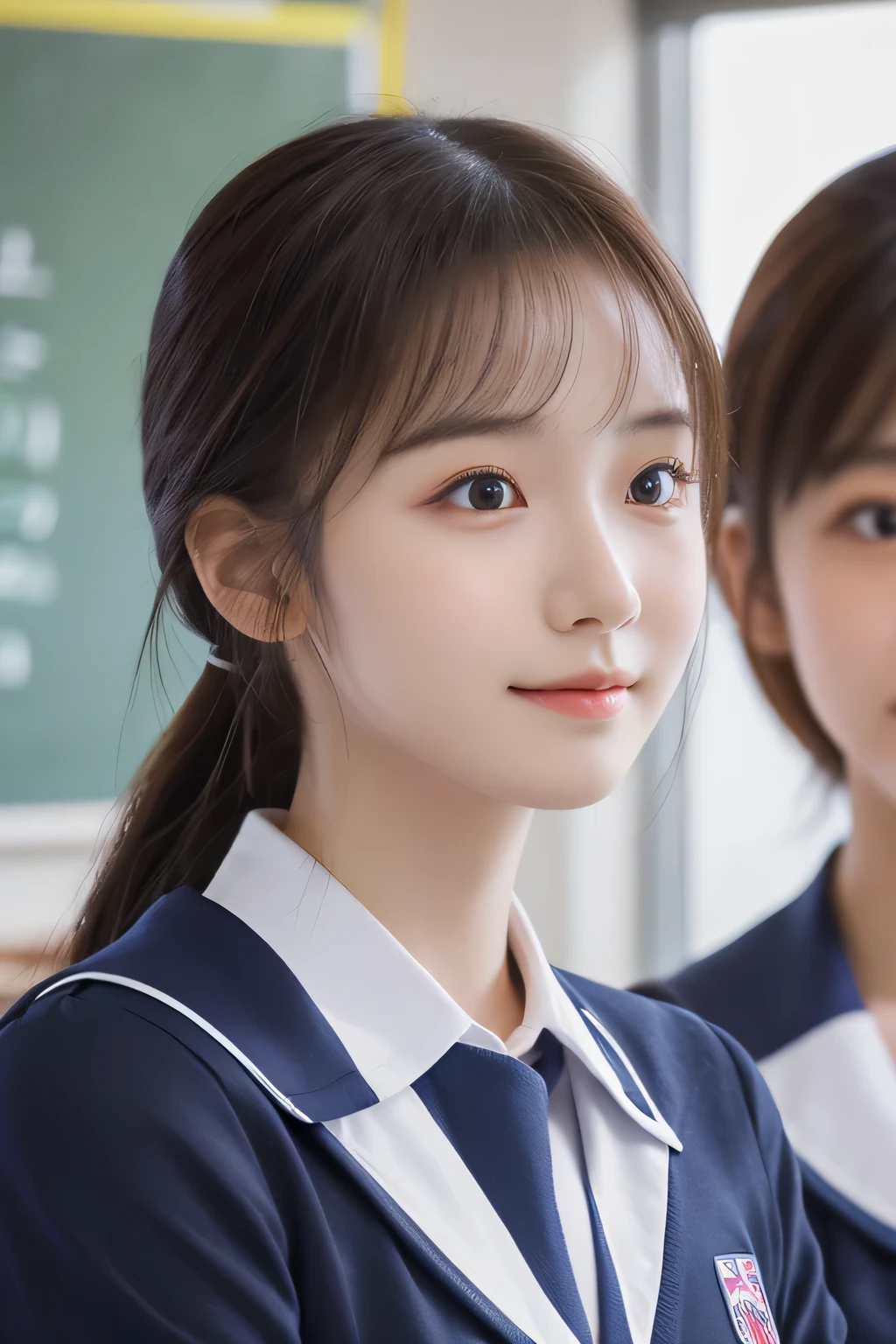 (Beautiful girl talking to a friend:1.4), 17 years old, (Highest quality:1.4), (Very detailed), (Very detailed美しい顔), Short sleeve, (school uniform:1.5), Great face and eyes, iris, ponytail, (Skinny body type:1.3), (Flat Chest:1.3), smile, Open your mouth, (A few classmates behind me:1.4), Smooth, Very detailed CG synthesis 8k wallpaper, High-resolution RAW color photos, Professional photography, Light, BackLight, dream-like, impressive, Written boundary depth, (Face close-up:1.4), (Shoot from the front:1.3), BREAK(School classroom:1.3), Dutch and Japanese beauty