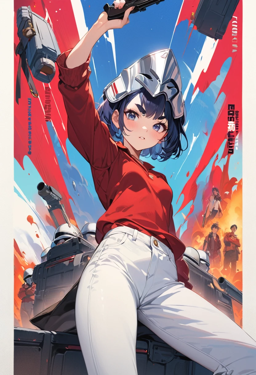 (masterpiece, best quality,ultra highres), (movie poster art,title of "Suicide Squad"),In the center of the poster,heroine girl in posing,(,(darkblue wavy-short hair),thick eyebrows,middle small breasts),(wearing "peacemaker" costume),(Peacemaker's silver helmet,red shirt,white pants handgun),