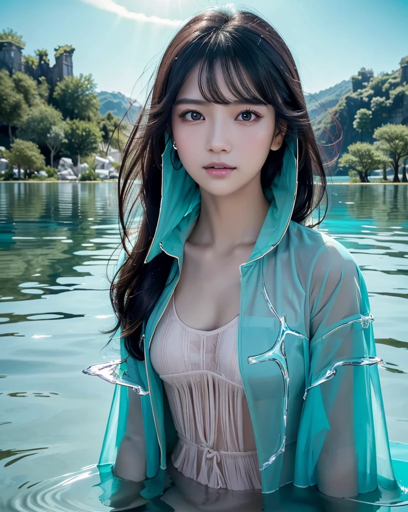 (Highest quality, 32K, High resolution, Masterpiece:1.5, ), marimo_jet, god々A photograph with brilliant dazzling and healing power., Evoking a sense of calm and elusive beauty, Expressing emotions, Have a rich imagination,Beautiful Japanese Girls, An exceptionally beautiful face, Small Face Beauty, Perfect Human Anatomy, Magical big eyes, Motherhood and generosity, Deep Love, fleeting smile, ((Shiny black hair:1.1)), Asymmetrical bangs, Hair between the eyes, Transparent, soft white skin, Sharp eyebrows, Thin lashes, Natural Makeup, Cheek highlighter, Pale pink detailed lips, ((Turquoise Raincoat:1.3)), Decadent world, ((Submerged ruins in the lake:1.4)), Professional Lighting, Professional photographer, Professional models, god秘的