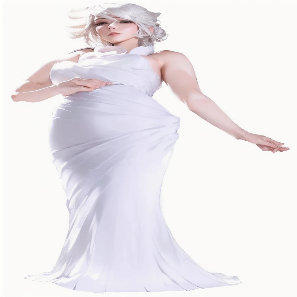 a woman in a white dress holding a cell phone, white gown, with a thin waist, dressed beautiful gown, white regal gown, white dress!! of silver hair, soft elegant gown, beautiful long white dress, elegant evening gowns!, flowing white dress, doing an elegant pose over you, elegant and graceful, elegant white dress, beautiful gown, dressed in a beautiful white, "lunafreya nox fleuret" from final fantasy XV,