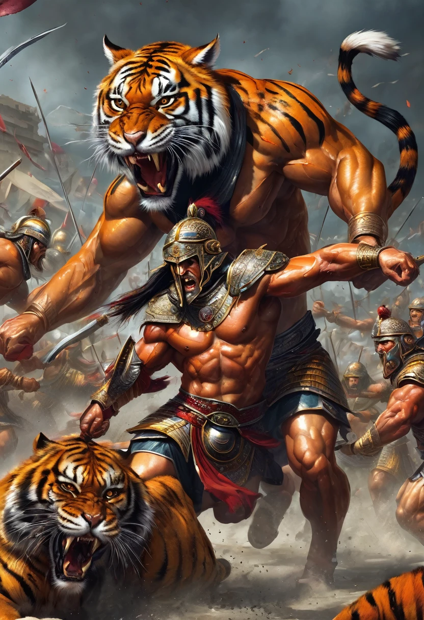 muscular praetorian warriors bleeding and fighting large tigers 