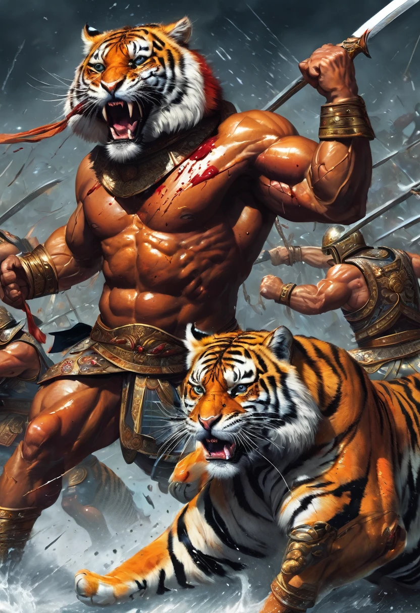 muscular praetorian warriors bleeding and fighting large tigers