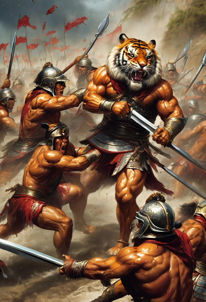 muscular praetorian warriors bleeding and fighting large tigers