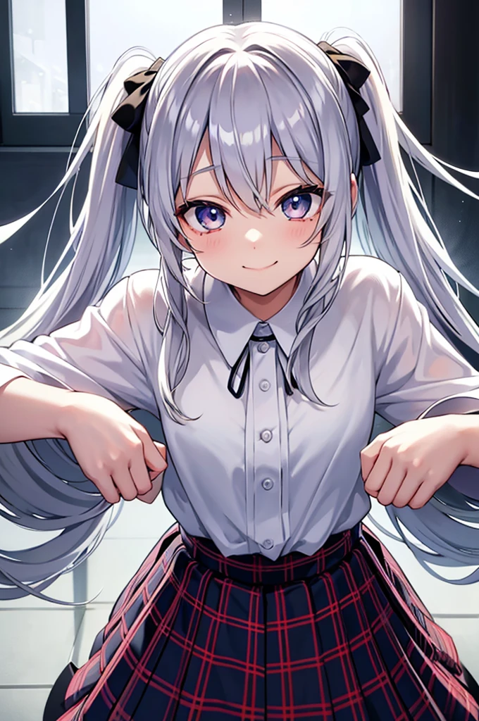 score_9,from above,silver hair, twintails, very long hair, アニメ, best quality, masterpiece、Plaid pleated long skirt、look up、Close ~ eyes、{{smile}}、ass pov, face focus,