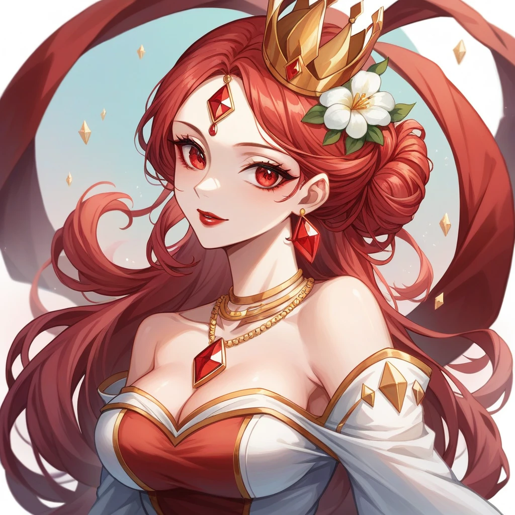 majapahit princess, with red hair, red eyes, wearing golden crown with red diamond and jasmine flower, wearing gold necklace with red diamond and flower, wearing pinkish purple kebaya with flower motive and gold, wearing white selendang, wearing brown batik dress with gold, super pretty face, red lips, beautiful eyes, hd, 4k
