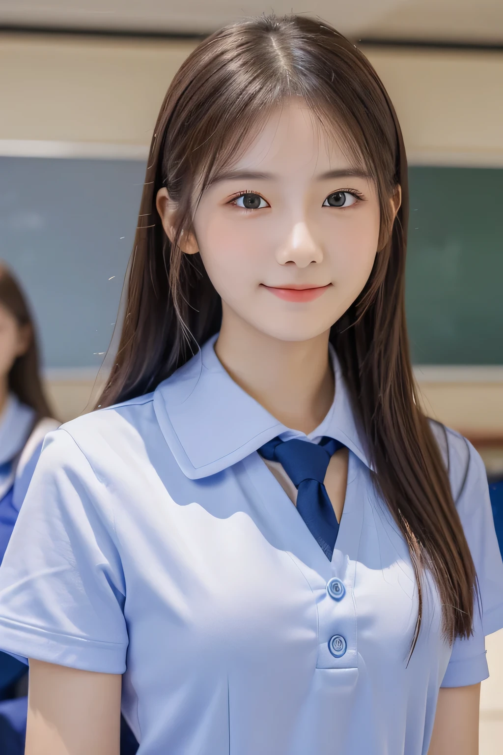 (Beautiful girl talking to a friend:1.4), 17 years old, (Highest quality:1.4), (Very detailed), (Very detailed美しい顔), Short sleeve, (school uniform:1.5), Great face and eyes, iris, ponytail, (Skinny body type:1.3), (Flat Chest:1.3), smile, Open your mouth, (A few classmates behind me:1.4), Smooth, Very detailed CG synthesis 8k wallpaper, High-resolution RAW color photos, Professional photography, Light, BackLight, dream-like, impressive, Written boundary depth, (Face close-up:1.4), (Shoot from the front:1.3), BREAK(School classroom:1.3), Dutch and Japanese beauty