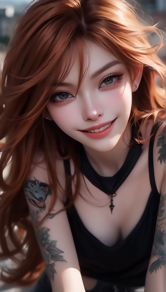beautiful eyes, (Crop Top), (Black jeans), (full arm tattoo), illustration, (Shop Background) ((masterpiece)), (best quality), ((Very detailed)), Beautiful and delicate eyes, (vampire), ((Modern Landscape)), (Original, high resolution), Realityism, semi-Realityism, (Overexposure, illustration, Ambient Light), (Delicate and meticulous), (Very detailed), (light and shadow_symmetry:1.3), Smooth, (Perfect shadow), (Perfect Rendering), (Dynamic angle, Natural posture), ((Good anatomy)), (Smile), Evil chi, (Sweet ginger hair), (hair covering one eye), (Delicate face), ((Complex surface)), Smile, Depth of Field, Dynamic from above, light, (Reality), (Clear focus)