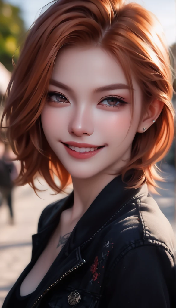 beautiful eyes, (Crop Top), (Black jeans), (full arm tattoo), illustration, (Shop Background) ((masterpiece)), (best quality), ((Very detailed)), Beautiful and delicate eyes, (vampire), ((Modern Landscape)), (Original, high resolution), Realityism, semi-Realityism, (Overexposure, illustration, Ambient Light), (Delicate and meticulous), (Very detailed), (light and shadow_symmetry:1.3), Smooth, (Perfect shadow), (Perfect Rendering), (Dynamic angle, Natural posture), ((Good anatomy)), (Smile), Evil chi, (Sweet ginger hair), (hair covering one eye), (Delicate face), ((Complex surface)), Smile, Depth of Field, Dynamic from above, light, (Reality), (Clear focus)