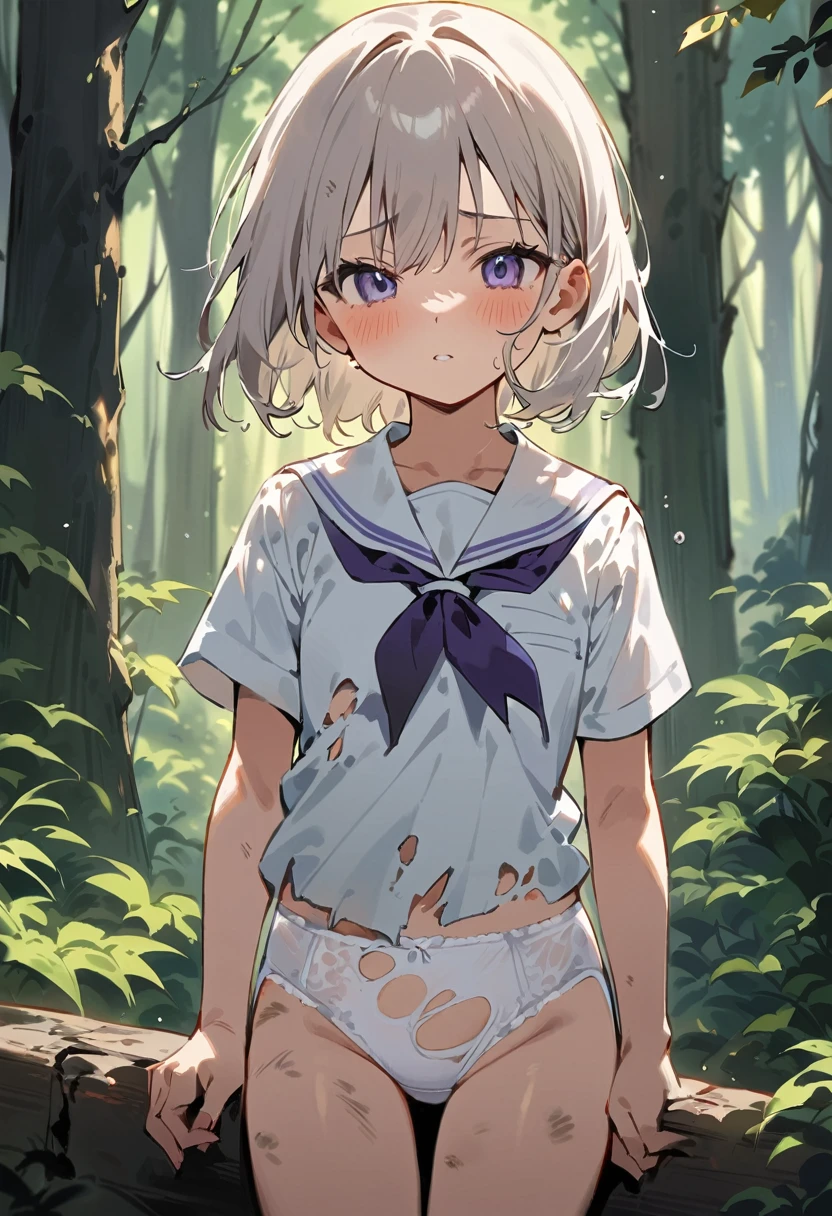 beautiful detailed girl,(masterpiece,best quality,extremely detailed:1.2),((cowboy shot:1.1)),(solo,10 years old,kawaii,slender,small breasts:1.25),(pained look:0.8),((white underwear:1.15) in (Torn school uniform):2),(dirty:2),blush,shy,weep,standing,(deep forest:1.5),(hug:0.4),rating: general, newest,Sexy face