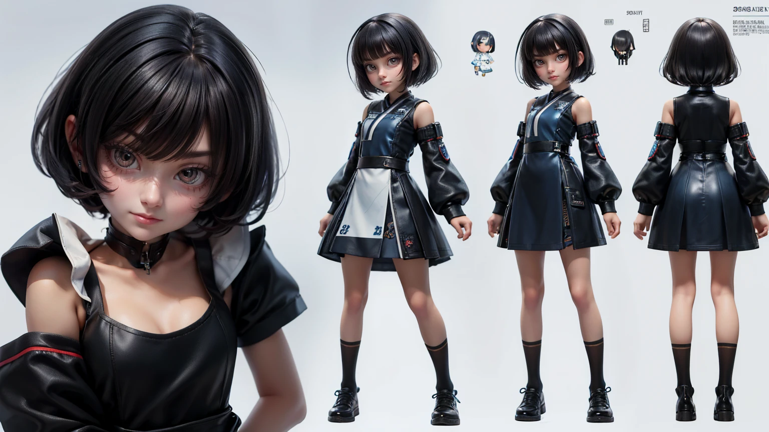 cute japanese girl in a short gaming dress , short hairs , black hairs, blue dress, gaming , smiling face, short dress full straight standing pose, student, Character Sheet, Full body, modern girl, games girl, Simple white background, character reference sheet, Concept art, design sheet, HD, full body, standing, modern futuristic dress,