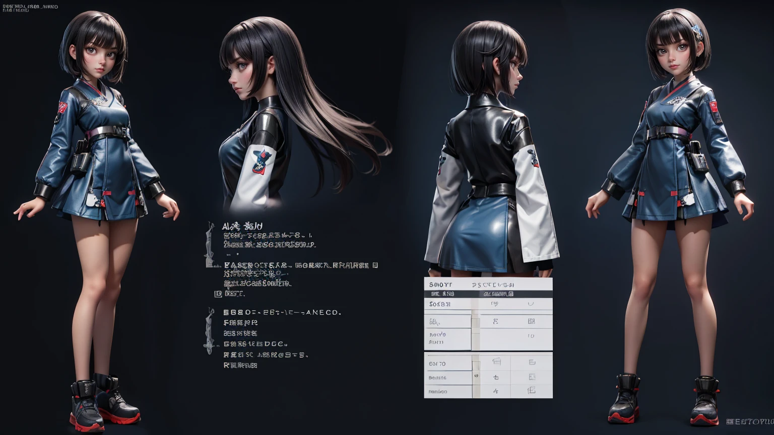 cute japanese girl in a short gaming dress , short hairs , black hairs, blue dress, gaming , smiling face, short dress full straight standing pose, , Character Sheet, Full body, modern girl, games girl, Simple white background, character reference sheet, Concept art, design sheet, HD, full body, standing, modern futuristic dress,