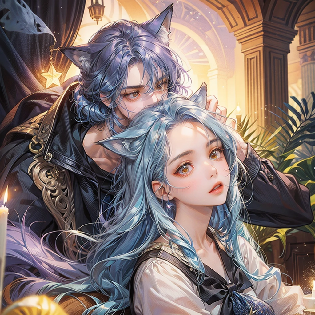 A girl with long blue hair and brown eyes with a star as a pupil , accompanied by a purple fox.