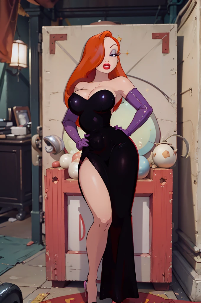 high quality,ultra quality 8k, ultra 4k,masterpiece, Orange hair, a tall woman, by the wide , One eye is hidden by hair, dark purple eyeshadow , Red lipstick, Detailed photos, beauty, attractive body, perfect anatomy of the human body, Jessica rabbit, correct anatomy Bodysuits, Bright red long dress, Dresses with slits up to the waist, Sparkly red sequin dress, Perfect facial balance, long eyelashes, sexy eyebrows, side glance, wide shoulders, Proudly stand up straight, big breasts hands on waist, Soft and sexy look, The background is a black and white movie set.