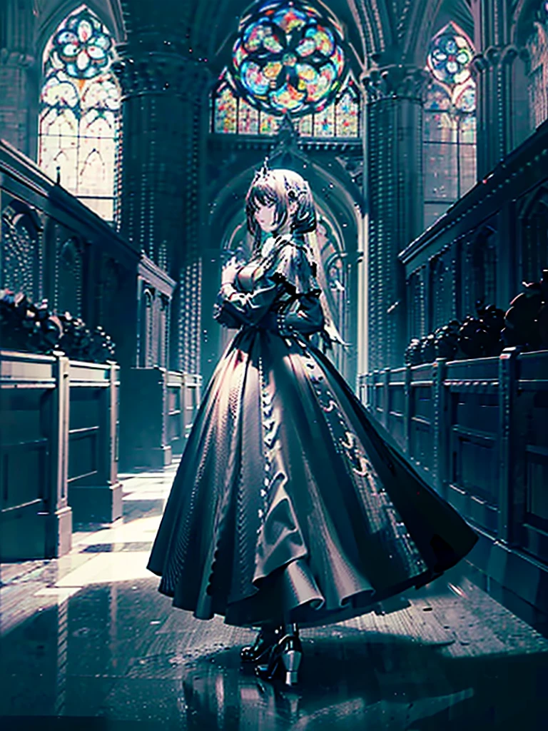 Black statue of Young woman with wings in long black dress, coal statue, made of coal, black wing, in an high gothic church, evil, spooky, magic, epic