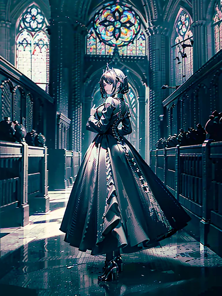 Black statue of Young woman with wings in long black dress, coal statue, made of coal, black wing, in an high gothic church, evil, spooky, magic, epic