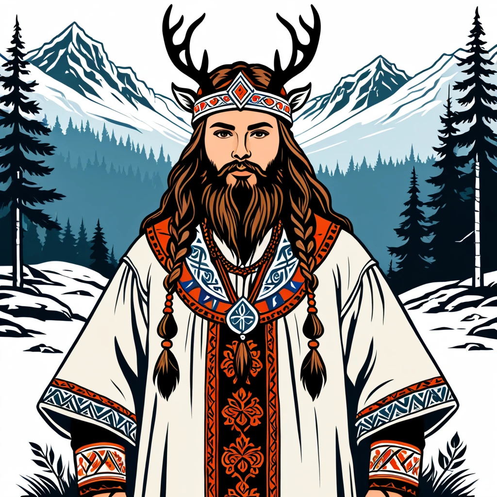 hungarian druid in nordic folk outfit, vector graphics, strong contours

