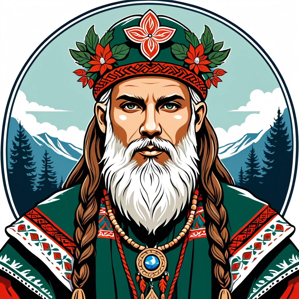 hungarian druid in nordic folk outfit, vector graphics, strong contours
