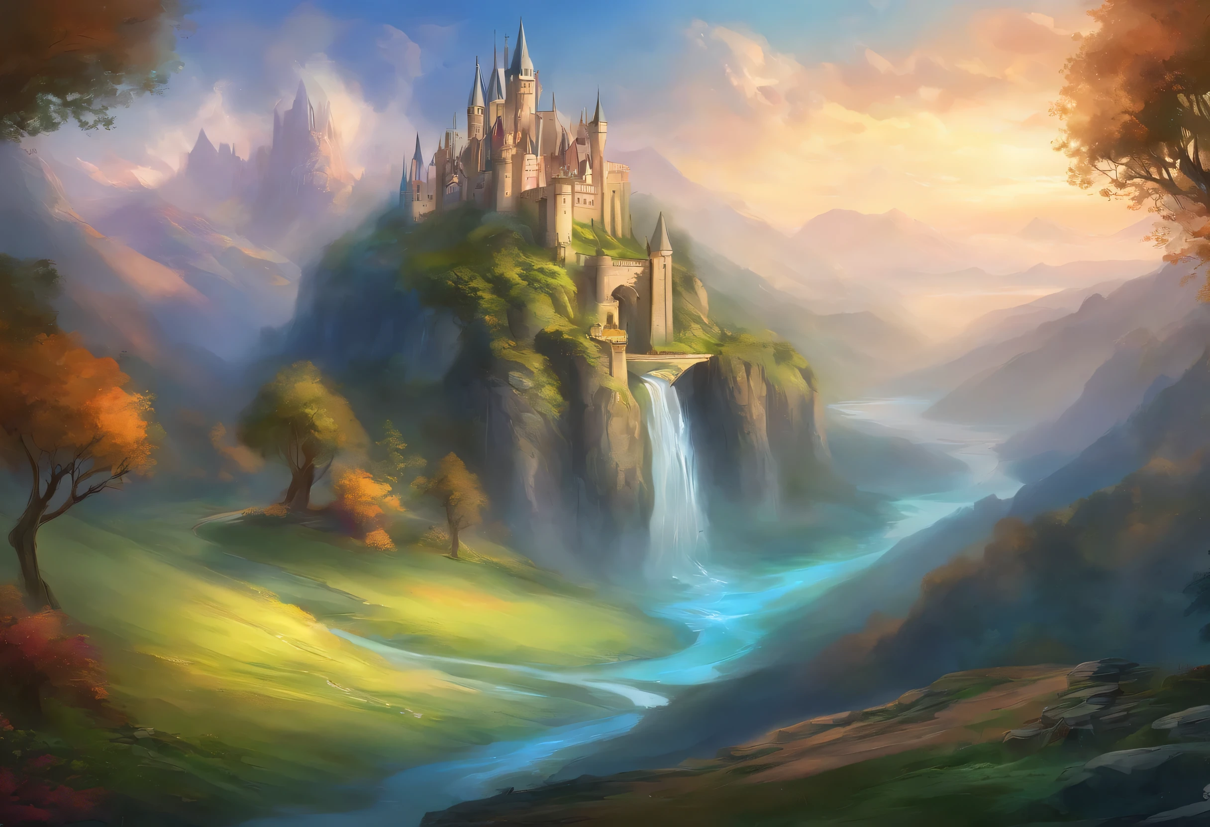 Generate me a castle that's situated in the hills full of majestic waterfalls, The castle haves towering blue roofed spires, And a castle's staircase that leads to the road to the village down on the lish grasslands