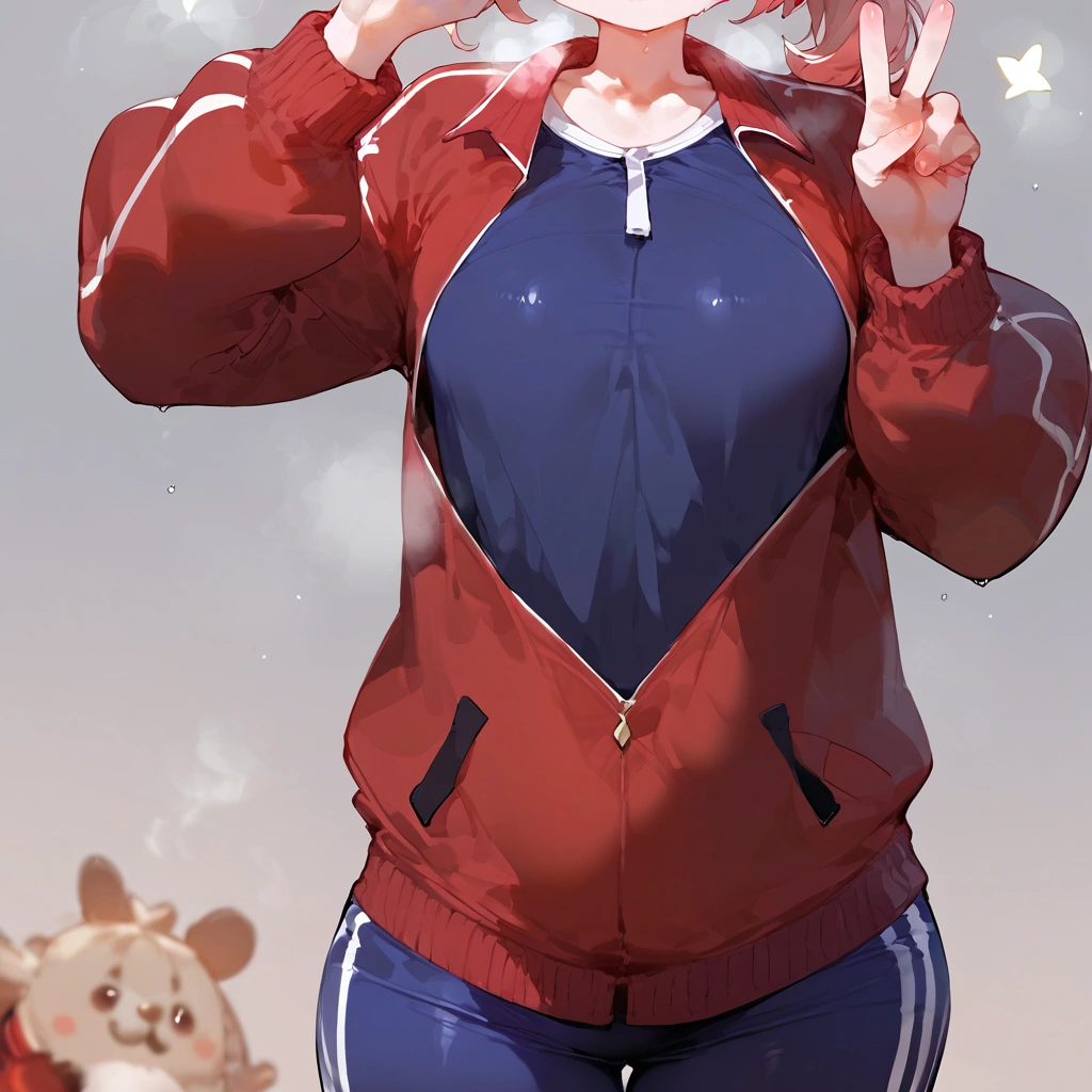 score_9, score_8_up, score_7_up, score_6_up, score_5_up, score_4_up, 1girl, klee (genshin_impact), genshin_impact, small breasts, collarbone, breasts focus, floox style, \\\\\ jacket,, open clothes, red jacket, red track suit,, sportswear, standing, (:1.2), track jacket, red track pants, track suit, \\\\\ steam, steaming body, sweat,, rating_explicit, high resolution, deep breath, smile, stars, V, head out of frame, grey background, solo, happy