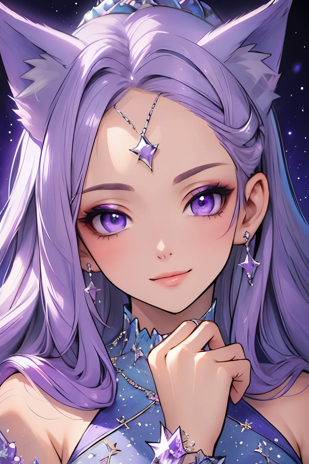 ((best quality)), ((masterpiece)), (detailed), detailed eyes, detailed hands, close up image of her face, female, light purple hair, light purple fox ears, detailed eight-pointed crystal star tattoo on her forehead, delicate and beautiful detailing, beautiful face, well-proportioned detailed purple eyes, round detailed purple eyes and makeup, beautiful detailed and clear purple eyes, volume smooth and sharp, best quality, very beautiful and meticulous eight-pointed crystal star tattoo on her forehead, delicate, MUST have an eight-pointed crystal star tattoo ON THE FOREHEAD, mouth closed smile, not fully smiling, gazing out in wonder, starry background