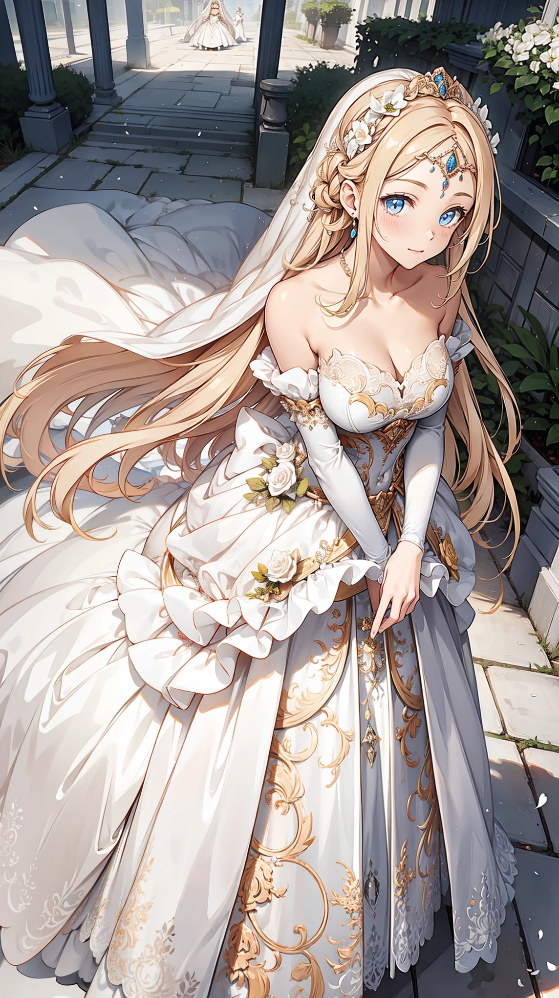 (masterpiece, best quality, beautiful and aesthetic:1.3), Looking at the audience, 1 girl, solitary, A faint smile, (cosmetic, Long hair, Light Beige Hair, blue eyes:1.2), Octane Rendering, Wedding dress, Lace-trimmed dress, transparent, Wedding dress, outdoor, White Rose, garden, morning, eternal, Extremely detailed,