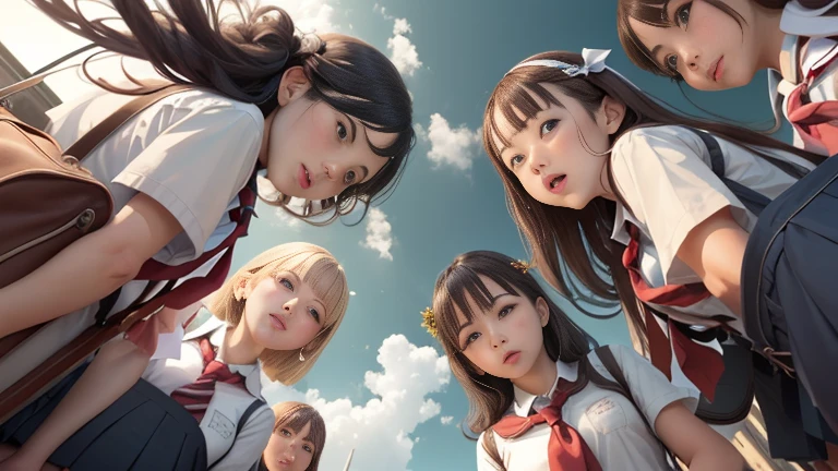 ((A schoolyard full of girls)) ((A lot of schoolgirls)) ((school uniform)) ((Angle from below))