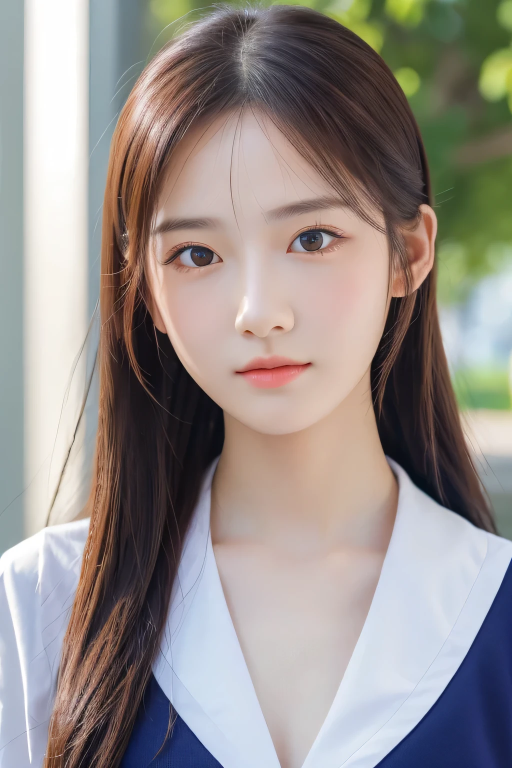 Beautiful girl, , (Highest quality:1.4), (Very detailed), (Very detailed美しい顔), Short sleeve, Sailor suit, Great face and eyes, iris, ponytail, The Beauty of Japan, (Skinny body type:1.1), (Flat Chest:1.3), fun, Smooth, Very detailed CG synthesis 8k wallpaper, High-resolution RAW color photos, Professional photography, Light, BackLight, dream-like, impressive, Written boundary depth, School building in the background, (Face close-up:1.2), (Shoot from the front:1.2)