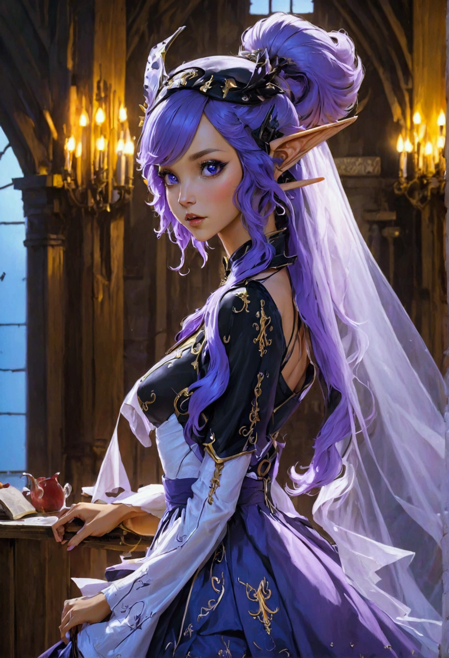 arafed a picture of elf vampire in her castle. an exquisite beautiful female elf vampire (ultra details, Masterpiece, best quality), full body, bloody mouth, purple hair, pale skin, hair in a ponytail, long hair, blue eyes, small pointed ears, cold eyes, smirking, wearing white dress (ultra details, Masterpiece, best quality), red cloak, wearing high heels, in dark fantasy library, book shelves, arafed high details, best quality, 16k, [ultra detailed], masterpiece, best quality, (ultra detailed), full body, ultra wide shot, photorealism, RAW, dark fantasy art, gothic art, wearing Haute_Couture designer dress, Dark Novel, Dark Art Painting Style, dripping blood, hud_s1n, short black dress, long sleeves, veil, thighhighs, digital painting