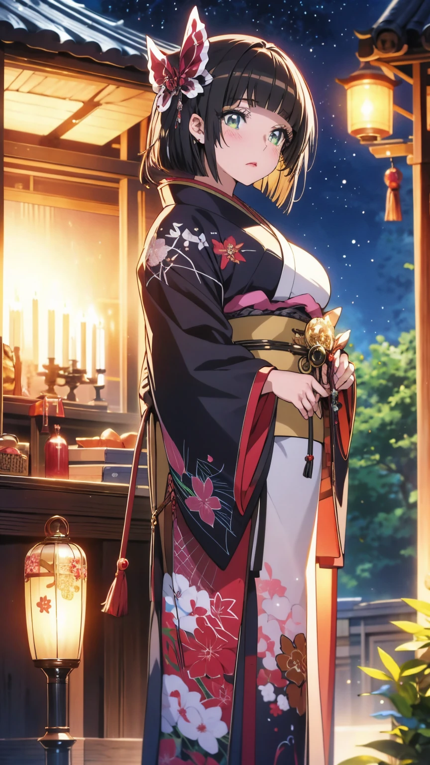 (Highest quality),(masterpiece), 8k,Very detailed, Detailed light, Best Shadow,Detailed reflective eyes, Beautiful Eyes, Very detailedな顔,Shiny Hair,sexy,Big Breasts,Charm,One person,Gloss,semi-long,Black Hair,Iris,kimono,黒色のkimono,,enchanting,Expressionless,Blushing,full moon,Enchanting,Beautiful fingers,Beautiful hands,Refers to 5 books,hair ornaments,whole body,shrine,front,On a journey to another world led by the moon,my,Mio,fan,High exposure,looking at the camera,whole body,kimonoはだける,