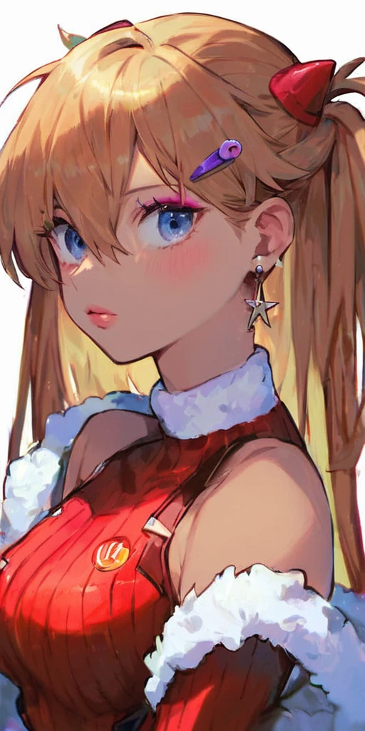 Score_9, score_8_up, score_7_up, score_6_up, gyaru, source_anime, 1girl, solo, white background, brick wall backdrop, upper body, looking at viewer, BREAK, earrings, BREAK, thin pink lips, tanned skin, pink makeup, ribbed sweater, fur trim, bare shoulders, off shoulder, white choker, hairclip, souryuu_asuka_langley, plugsuit, bodysuit, interface headset, red bodysuit, hair between eyes, pilot suit