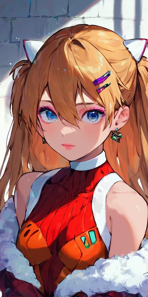Score_9, score_8_up, score_7_up, score_6_up, gyaru, source_anime, 1girl, solo, white background, brick wall backdrop, upper body, looking at viewer, BREAK, earrings, BREAK, thin pink lips, tanned skin, pink makeup, ribbed sweater, fur trim, bare shoulders, off shoulder, white choker, hairclip, souryuu_asuka_langley, plugsuit, bodysuit, interface headset, red bodysuit, hair between eyes, pilot suit