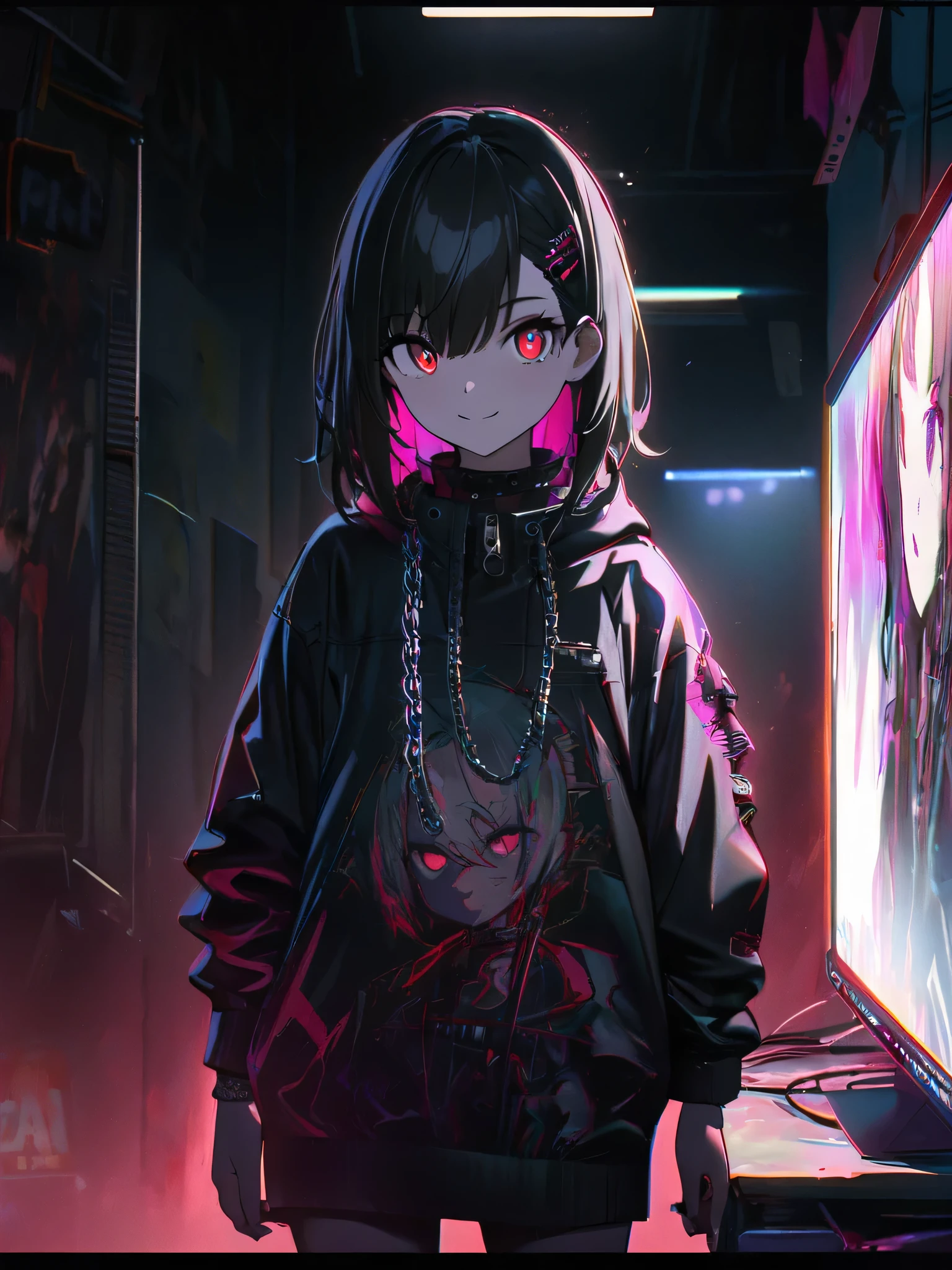 1 girl, chromatic aberration, Written boundary depth, Soft Light, masterpiece, Highest quality, complicated, Tone Mapping, Very deしっぽed, Art Station, Concept Art, Smooth, Clear focus, Dramatic lighting, Very deしっぽed artwork, movie, super practical painting, Art Station's trending, 8k, Incredible Shadows, practical, (Very deしっぽed background:1.0), whole body, View, Viewers, Very deしっぽed portrait of one girl 1, standing on street corner, Heavy rain and lightning、Dark Sky, neon and cyber punk background, she is dressed in punk clothing with silver chains and silver spikes, Her hair was dyed a bright black color.,The middle part is black,, red eyes with clear pupils, Ominous aura of light, smile, punk, ciber punk, Backlight.An announcer who is knowledgeable about horses'、Beauty
