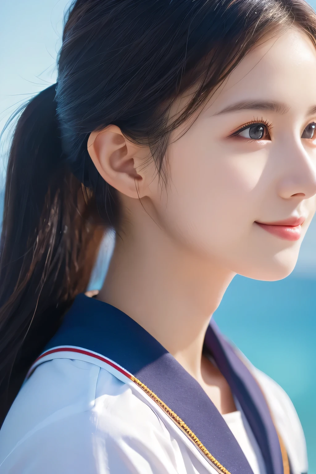 Top quality, 1 beautiful woman, Sunlight, ((masterpiece, Highest quality, High resolution)), (look back:1.3), 1 girl, smile, (Realistic: 1.4), Great face, 17years old, ponytail, (Beautiful Hair:1.5), Sailor suit, The background is a school building, Side angle, (Close-up of face:1.3), Smooth, Highly detailed CG composite 8K wallpaper, High resolution RAW color photos, Professional photography, Light, BackLight, dream-like, impressive, Written boundary depth