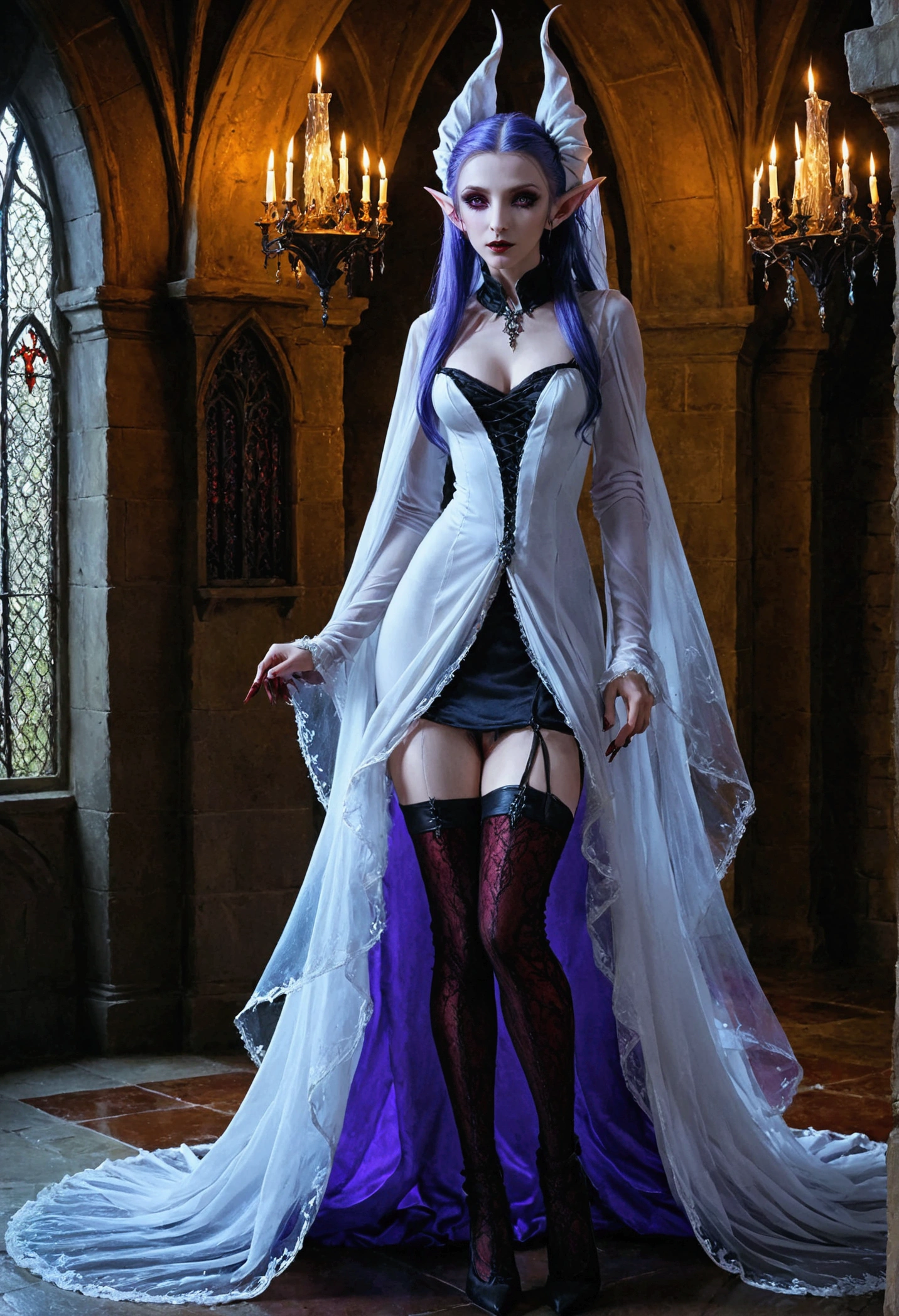 arafed a picture of elf vampire in her castle. an exquisite beautiful female elf vampire (ultra details, Masterpiece, best quality), full body, bloody mouth, purple hair, pale skin, hair in a ponytail, long hair, blue eyes, (small pointed ears: 1.2), cold eyes, smirking, wearing white dress (ultra details, Masterpiece, best quality), red cloak, wearing high heels, in dark fantasy library, book shelves, arafed high details, best quality, 16k, [ultra detailed], masterpiece, best quality, (ultra detailed), full body, ultra wide shot, photorealism, RAW, dark fantasy art, gothic art, wearing Haute_Couture designer dress, Dark Novel, Dark Art Painting Style, dripping blood, hud_s1n, short black dress, long sleeves, veil, thighhighs, digital painting