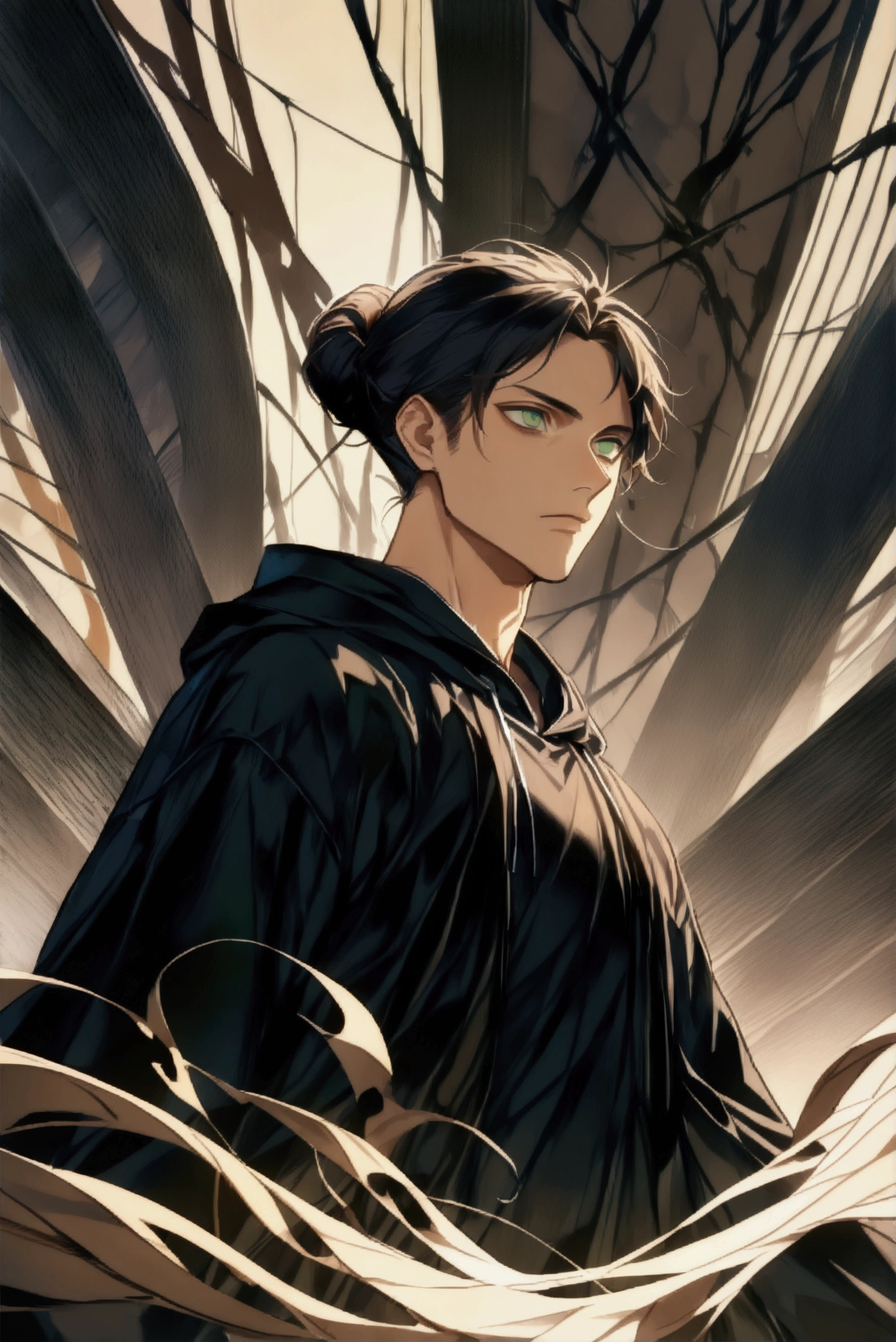 Brown man bun hairstyle、Handsome man in his 20s(1 male,Ellen Yeager)(Attack on Titan),Green Eyes,Expressionless,(He is wearing a long black hoodie..),(masterpiece:1.3),(Highest quality:1.4),(Very detailedな:1.5),High resolution,Very detailed,unity 8k wallpaper,Decadent,Wind,Achieve smooth design