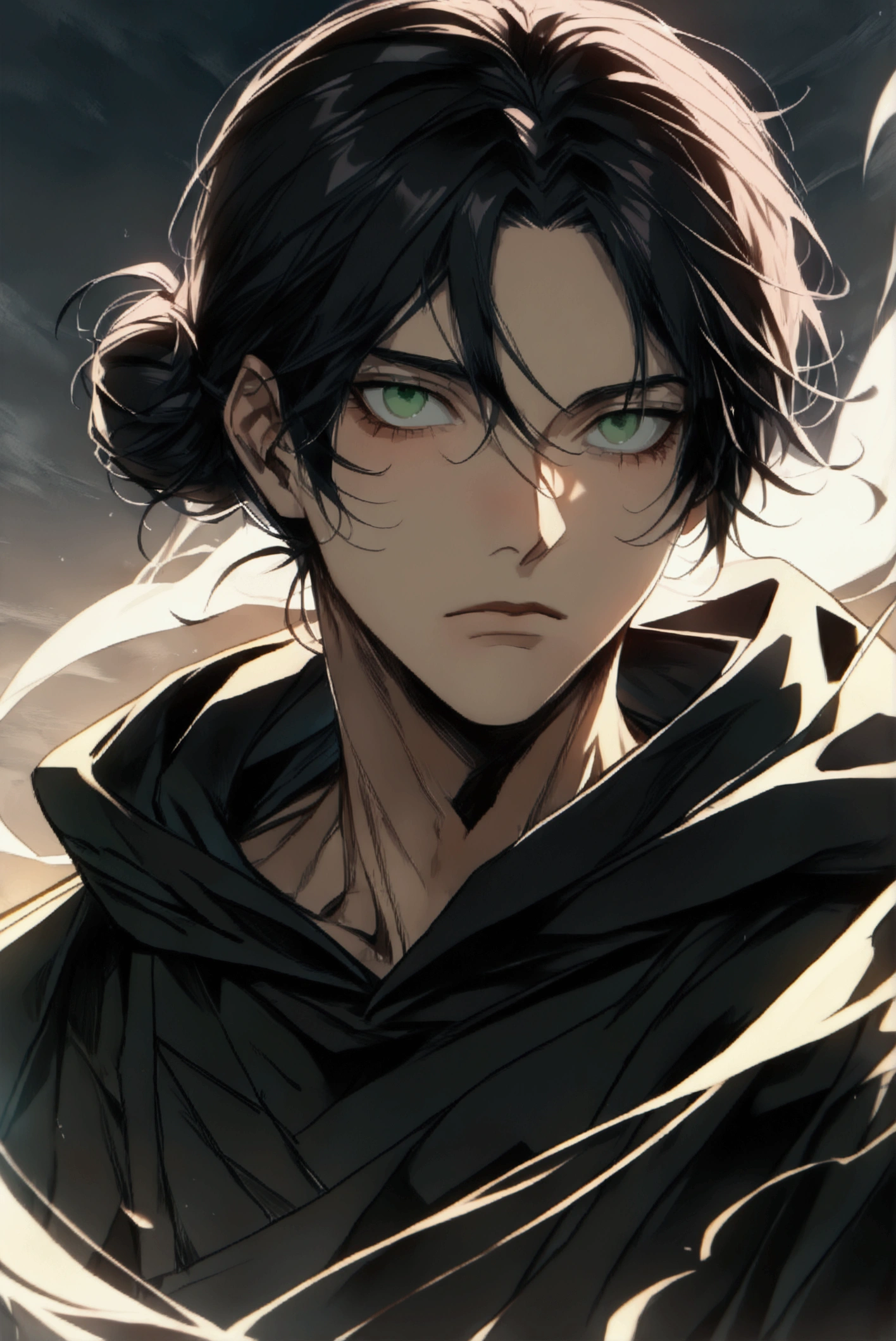 Brown man bun hairstyle、Handsome man in his 20s(1 male,Ellen Yeager)(Attack on Titan),Green Eyes,Expressionless,(He is wearing a long black hoodie..),(masterpiece:1.3),(Highest quality:1.4),(Very detailedな:1.5),High resolution,Very detailed,unity 8k wallpaper,Decadent,Wind,Achieve smooth design