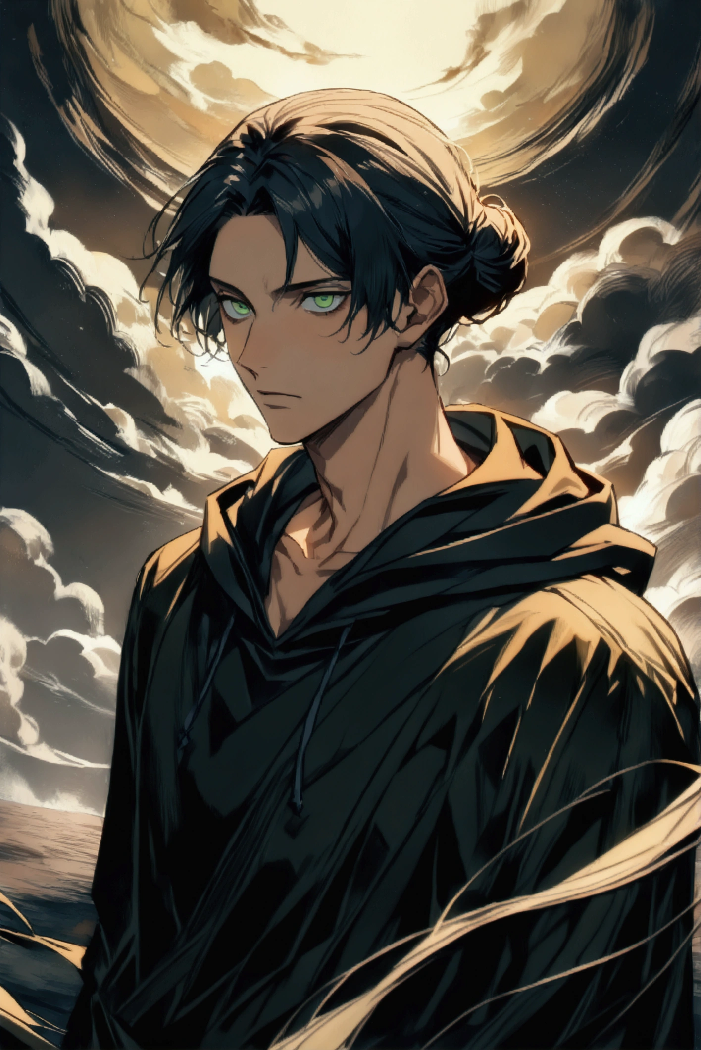 Brown man bun hairstyle、Handsome man in his 20s(1 male,Ellen Yeager)(Attack on Titan),Green Eyes,Expressionless,(He is wearing a long black hoodie..),(masterpiece:1.3),(Highest quality:1.4),(Very detailedな:1.5),High resolution,Very detailed,unity 8k wallpaper,Decadent,Wind,Achieve smooth design