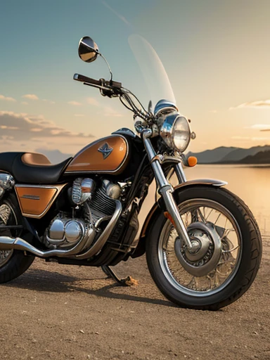masterpiece, best quality, cinematic photo of classic, honda motorcycle, vintage car, glossy surface, wild west background, sunset, high resolution, photograph, film, highres